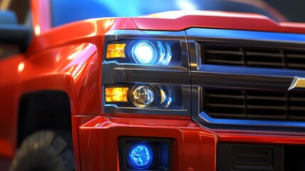 Rugged Red Pickup Truck Close Up, Headlight Detail, Showroom Shine, Metallic Paint.