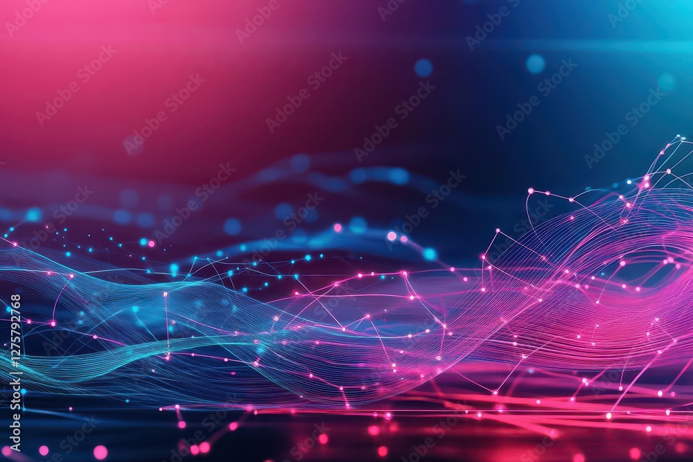 Poster Abstract design featuring interconnected dots with smooth gradient lines, intricate wave patterns, showcasing a vibrant, techdriven aesthetic Emphasize depth and dynamic flow