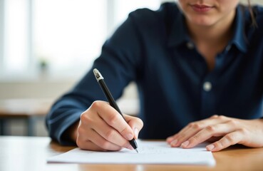 Student writing on paper with pen. Exam, tests preparation in classroom. Young person studying hard. Learning, education, academic concept. Female student writes the answers.