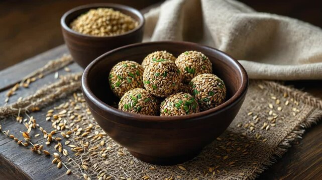 Video footage of wooden bowl filled with round, seed coated snacks sits on a rustic cloth, with another bowl of seeds in the background, creating a natural and earthy presentation