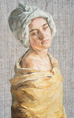 .GIRL with a scarf on her head. Portrait of a woman on a cardboard background. Oil painting on canvas.