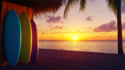 Colorful surfboard against a sunset backdrop on a tropical beach with palm trees