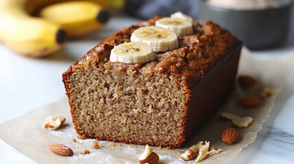 Freshly baked gluten free banana bread topped with banana slices and nuts, perfect for healthy snack or breakfast option. moist texture and rich flavor make it irresistible