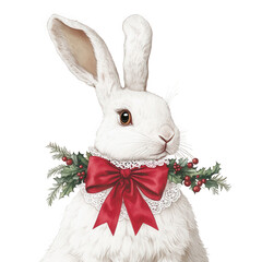Obraz premium hand-drawn illustration of a white rabbit with fluffy fur, centered with a red bow and festive greenery accent, lace detail on the neck, transparent background, PNG