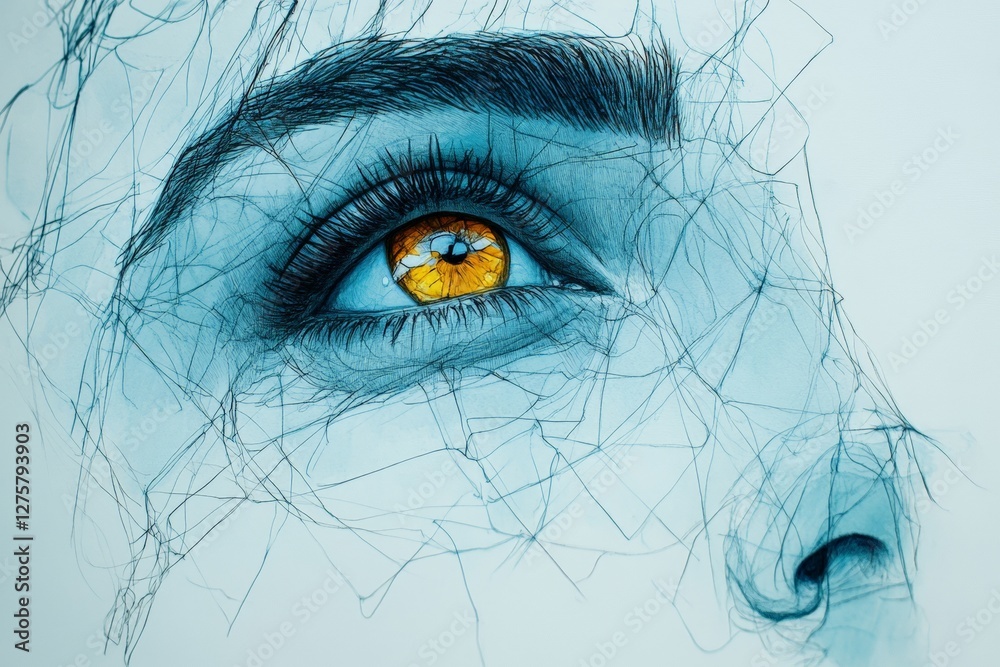 Poster eyes reflecting emotions through intricate line art in a creative design studio