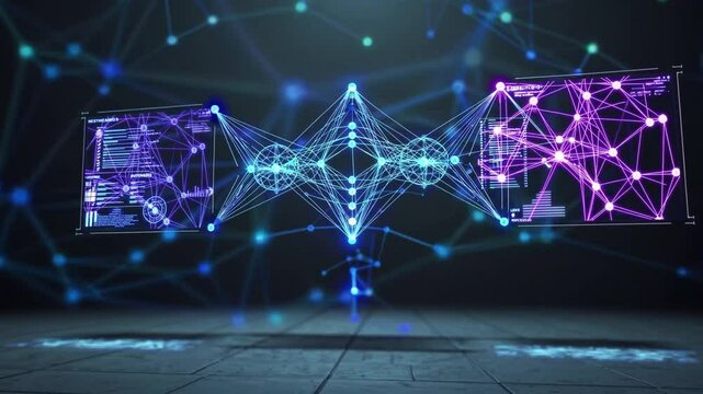 Futuristic Abstract Visualization of Data Networks with Glowing Nodes and Connections in a Dark Environment for Technology and Science Concepts