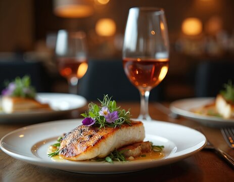 Gourmet dish of grilled fish and rose wine in restaurant. Stylish ambience, food presentation, culinary delicacy. Healthy dinner. Table setting with violet flowers garnish. Seafood meal.