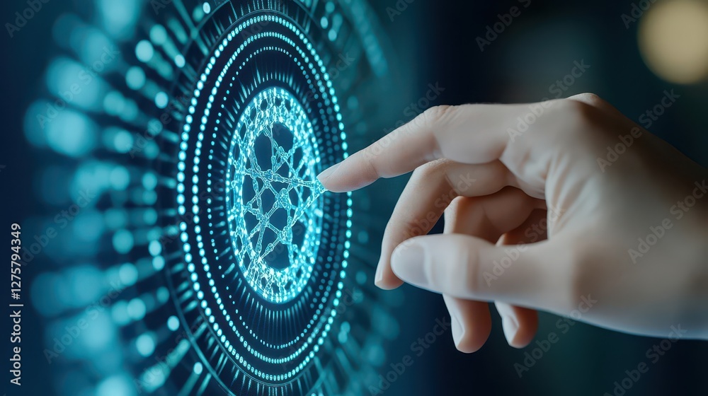 Aufkleber Hand touching finger on digital interface with touchscreen technology and user interaction