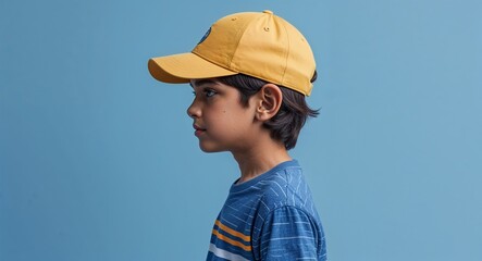 Kid Hispanic boy in plain blue background white shorts side view portrait