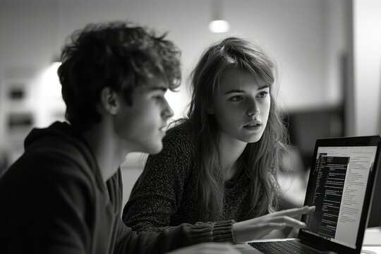 A young couple collaborates on a coding project, intently focused on their laptop screen.