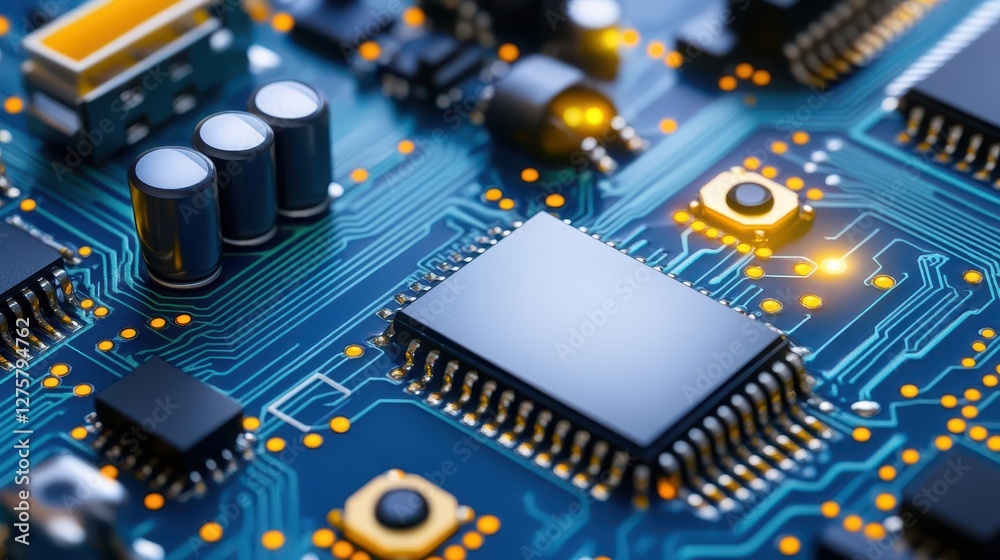 Poster Close up of a complex circuit board with multiple electronic components and connections