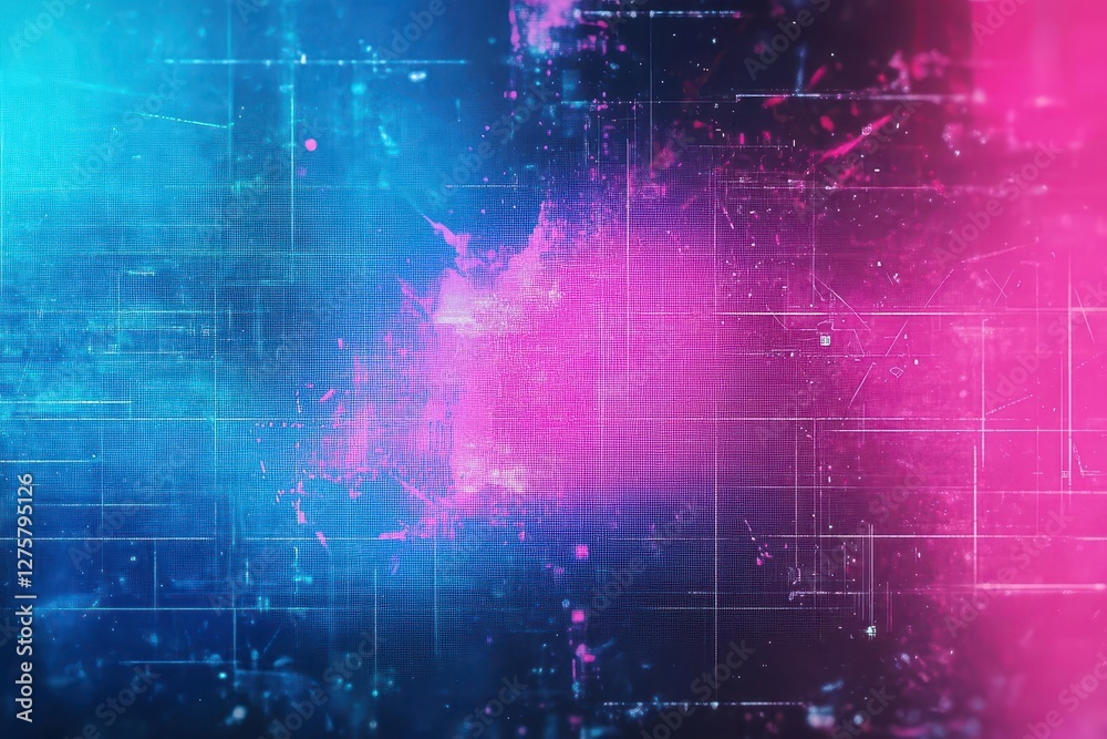 Poster Abstract technology background featuring colorful lines and dots on a dark surface for digital design