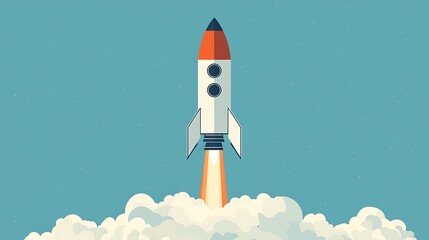 Fototapeta premium Minimalist Rocket Design on Blue Background, A minimalist design of a rocket on a light blue background, showcasing a sleek and modern aesthetic