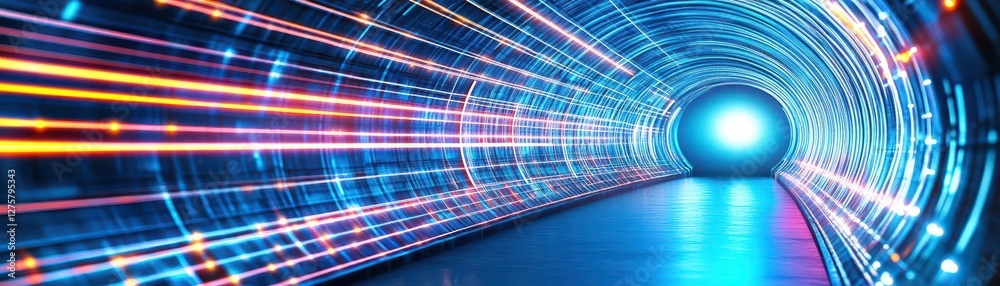 Poster abstract tunnel, corridor with rays of light and new highlights abstract blue background, neon scene