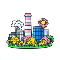 Colorful Illustration of Industrial Factory Surrounded by Vibrant Flowers on a White Background