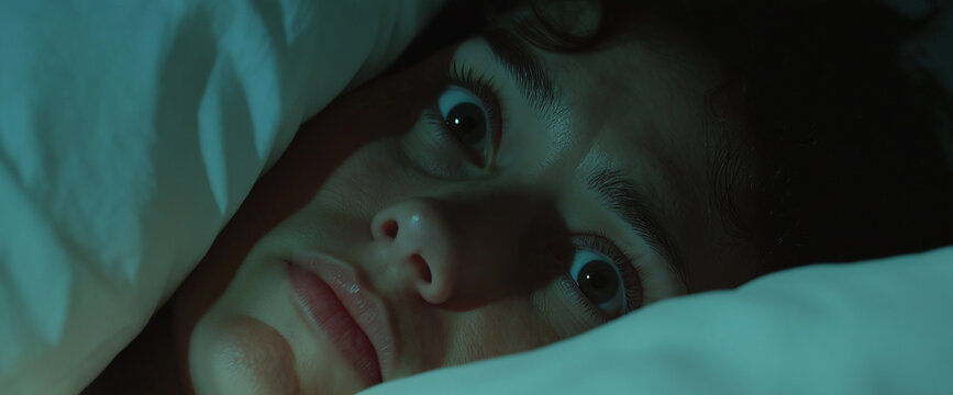 Woman awake and afraid from nightmare, hiding in bed with eyes wide open