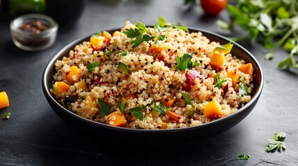A modern art-inspired quinoa dish with colorful geometric vegetable patterns, plated on a matte black background