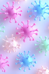 Brightly lit studio image featuring multiple stylized virus icons spreading outward on a neutral