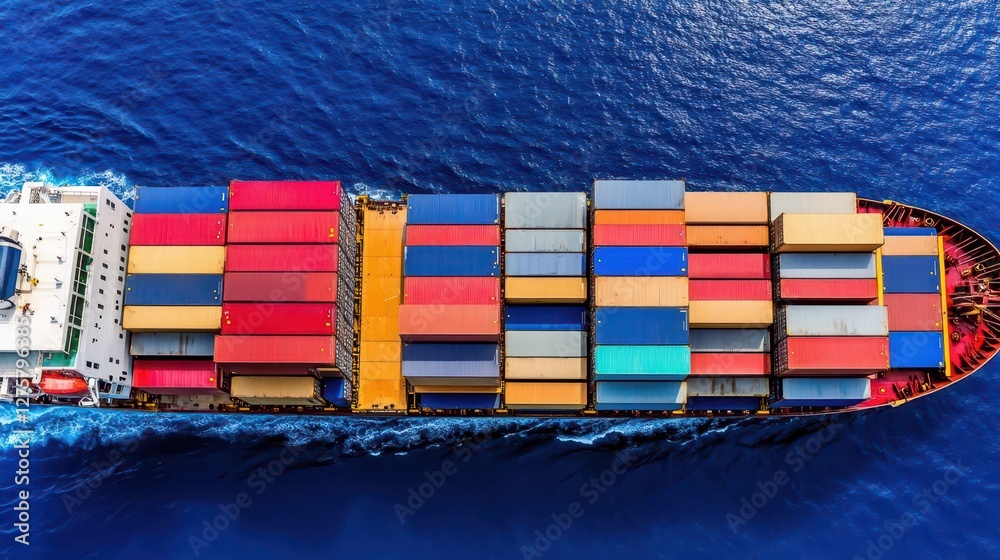 Poster container ship navigating through the open ocean during bright daylight under clear blue sky