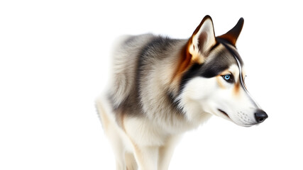 Obraz premium A majestic Siberian husky with piercing blue eyes, standing in profile. Fur details are crisp and lifelike, isolated on a plain white background.