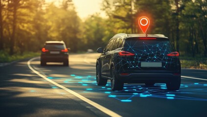 Connected car GPS navigation on highway with other vehicles in background. Possible use for self-driving tech