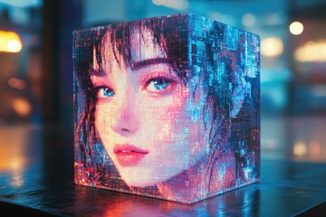 A digital portrait of a woman's face, pixelated and glowing, encased in a translucent cube.