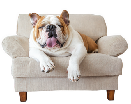 sleepy bulldog lounging on cozy couch, enjoying relaxed moment with its tongue hanging out. This adorable scene captures essence of comfort and tranquility