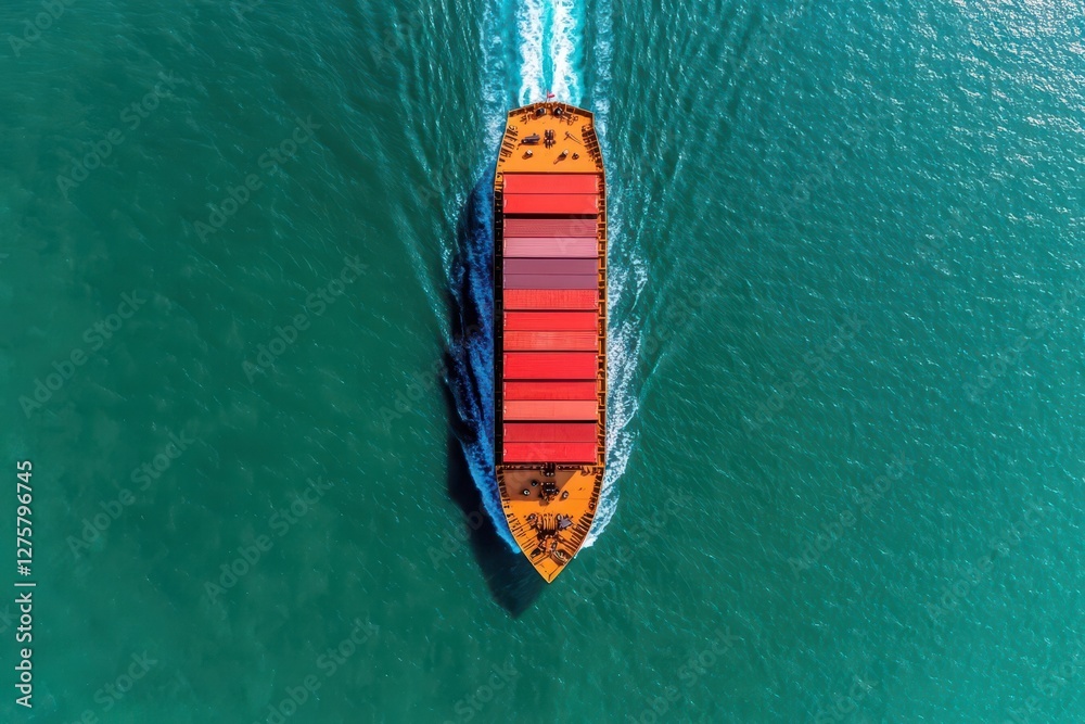 Poster large container ship navigating through deep blue ocean waters under clear sky