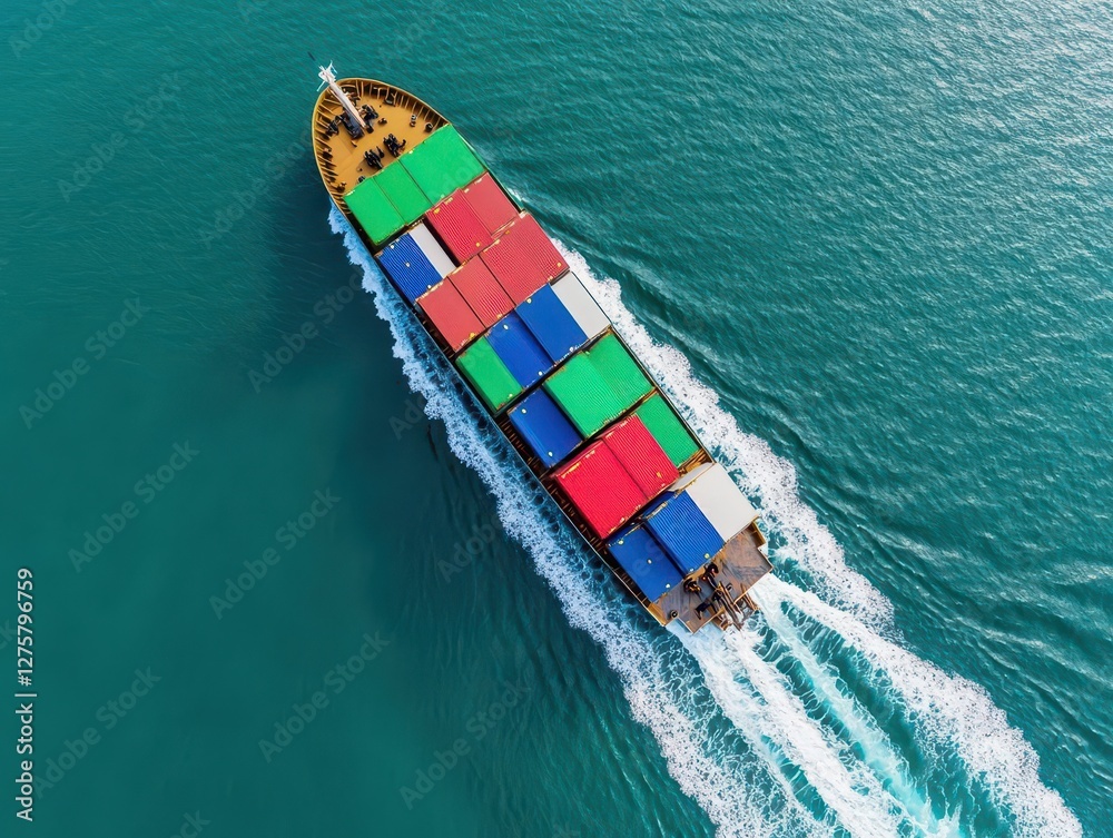 Poster aerial top view of cargo ship contrail in the ocean sea ship carrying container and running for expo