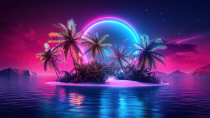 Obraz premium Neon ring illuminates tropical island at night