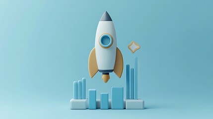 3D Rocket Launching Next to Bar Graph, A 3D illustration of a rocket launching next to a bar graph on a blue background