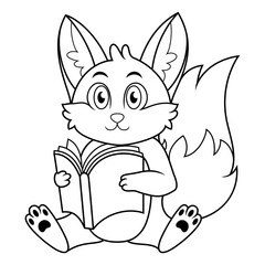 Cute fox reading a book line art