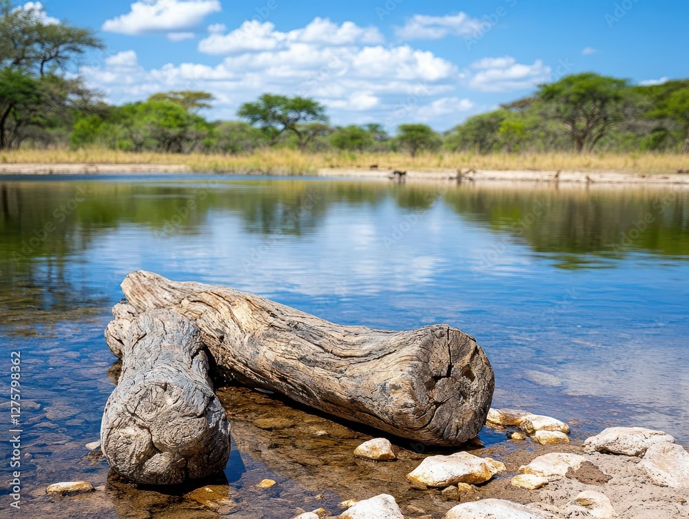 Poster a log floating in calm water near a scenic lake surrounded by lush green trees and natural landscape