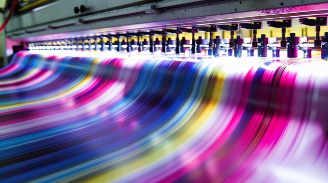 Industrial printing machine produces vibrant designs on paper rolls in factory production process