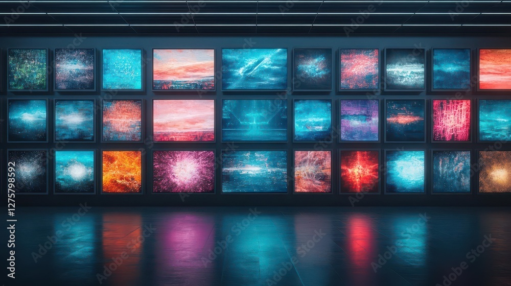 Poster wall display featuring various paintings in an art gallery setting with diverse artistic styles
