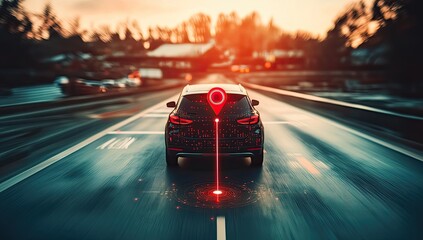 GPS Navigation Car, Urban Road, Sunset, Destination