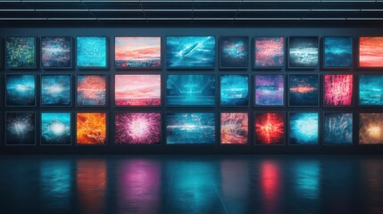 Fototapeta premium Wall display featuring various paintings in an art gallery setting with diverse artistic styles
