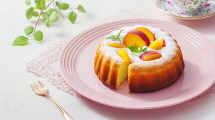 Peach Cake Delight: A Slice of Summer Perfection on a Pink Plate