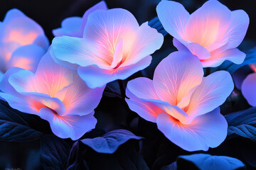 Obraz premium Surreal arrangement of neon-lit flowers in a dark botanical garden, each petal pulsating with