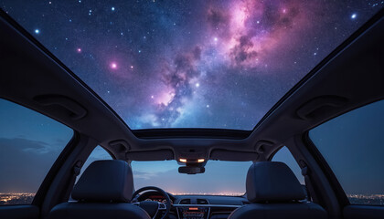 Car interior with illuminated starry sky sunroof. Blue purple galaxy lights. Modern futuristic luxury automobile vehicle design tech comfort drive travel journey. Magic dream atmosphere.
