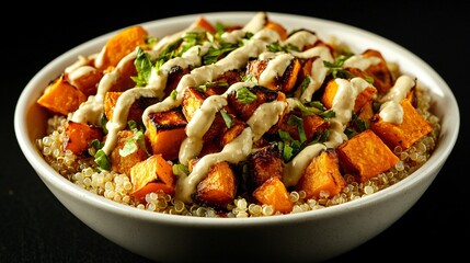 A steaming hot quinoa and roasted veggie bowl, with golden-brown sweet potatoes and a drizzle of tahini sauce, isolated on a matte black background