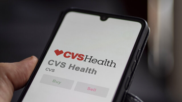 CVS Health on the screen of an exchange. CVS Health price stocks, $CVS on a device.