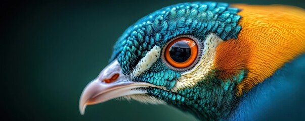 Obraz premium Detailed shot of a peacocks face with a glowing fractal pattern on its feathers, symbolizing the elegance of symmetry and the intricate beauty of bird plumage