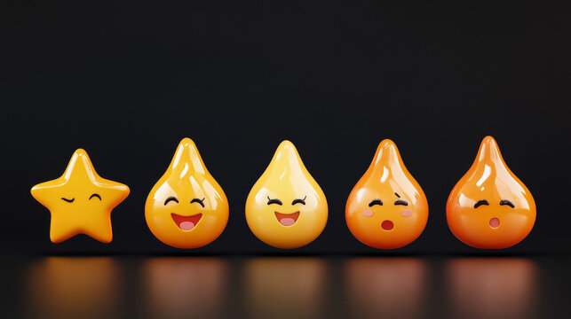Blue supergiant star character with different facial expressions. Icons with emotions of funny alien planet in outer space. Water drop character isolated on black background, vector cartoon set