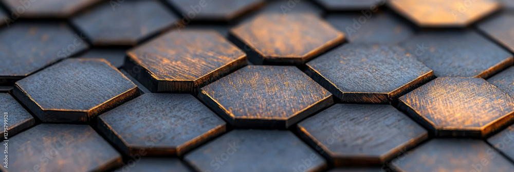 Poster abstract close-up of layered metal sheets arranged in precise hexagon grids, hinting at an