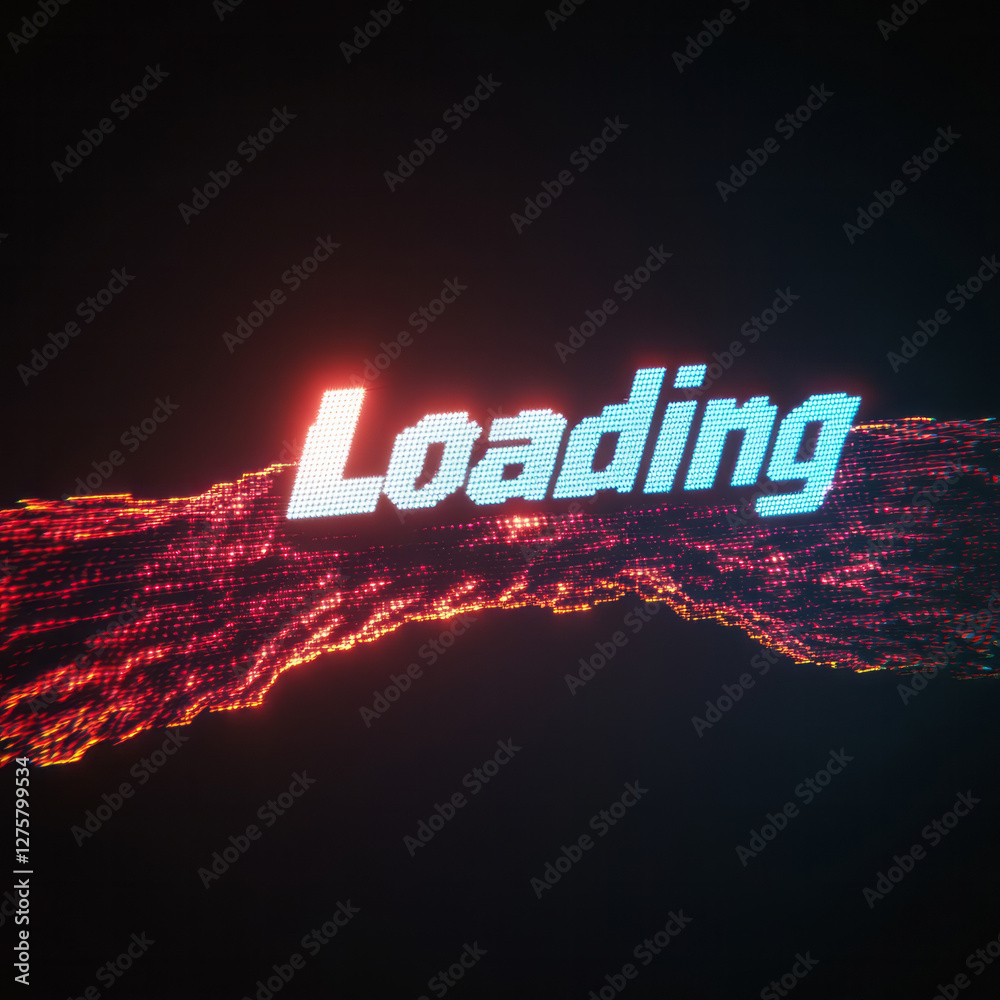 Poster swirling pixelated patterns merging into a single luminous data stream labeled loading in a bold,