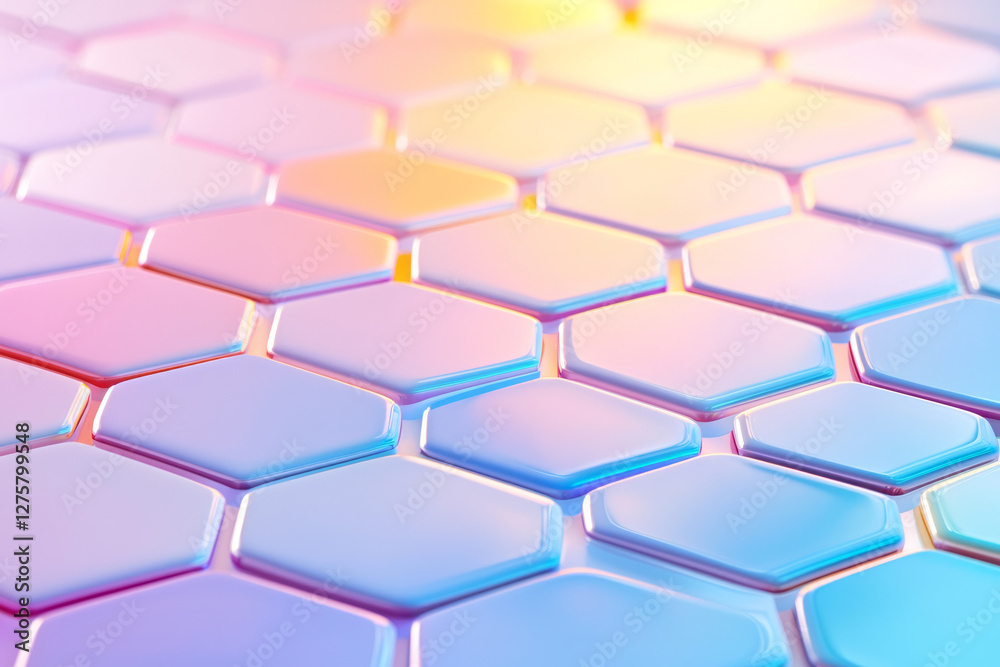 Poster vast expanse of interlocking hexagonal tiles reflecting soft gradient hues under a gentle beam of