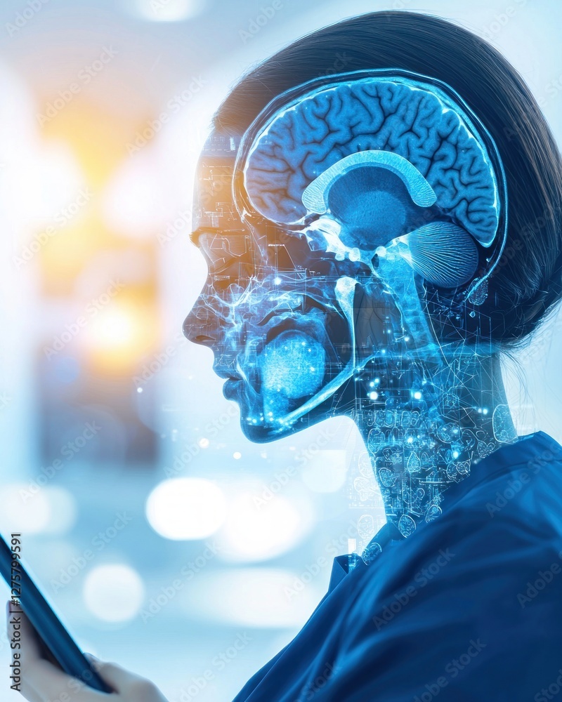Poster Woman Using Tablet Computer Brain Scan Overlay Digital Technology Concept
