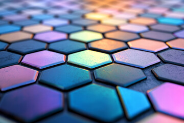 Vast expanse of interlocking hexagonal tiles reflecting soft gradient hues under a gentle beam of