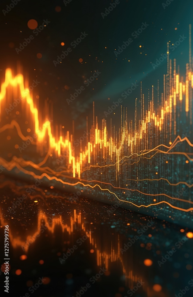 Poster Golden glowing stock charts and graphs for exchange trading data analysis. SEO abstract golden lines show decline, rise on dark background. Financial diagram, trading trend.
